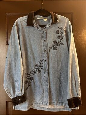 Embroidered Denim Button-Up Shirt with Contrast Collar